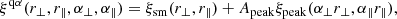Mathematical equation: $$ \begin{aligned} \xi ^\mathrm{q\alpha }(r_{\perp },r_{\parallel },\alpha _{\perp },\alpha _{\parallel }) = \xi _{\rm sm}( r_{\perp },r_{\parallel }) + A_{\rm peak}\xi _{\rm peak} (\alpha _{\perp }r_{\perp },\alpha _{\parallel }r_{\parallel }), \end{aligned} $$