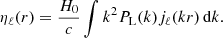 Mathematical equation: $$ \begin{aligned} \eta _\ell (r)=\frac{H_{0}}{c}\int k^2P_{\rm L}(k)j_\ell (kr)\,\mathrm{d}k. \end{aligned} $$