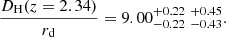 Mathematical equation: $$ \begin{aligned} \frac{D_{\rm H}(z=2.34)}{r_{\rm d}}&= 9.00_{- 0.22 }^{+ 0.22 }\;_{- 0.43 }^{+ 0.45 } . \end{aligned} $$
