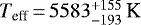 Mathematical equation: $T_{\textrm{eff}}\,{=}\,5583_{-193}^{+155}\,\textrm{K}$