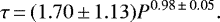 Mathematical equation: \begin{equation*}\tau\,{=}\,(1.70\,{\pm}\,1.13)P^{0.98\,{\pm}\,0.05}. \end{equation*}
