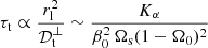 Mathematical equation: $$ \begin{aligned} \tau _\mathrm{ t} \propto \frac{r_\mathrm{ l}^2}{\mathcal{D} _\mathrm{ t}^\perp } \sim \frac{K_\alpha }{\beta _0^2 \, \Omega _\mathrm{ s} (1 - \Omega _0)^2} \end{aligned} $$