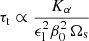 Mathematical equation: $$ \begin{aligned} \tau _\mathrm{ t} \propto \frac{K_\alpha }{\epsilon _{\rm l}^2 \beta _0^2 \, \Omega _\mathrm{ s}} \end{aligned} $$