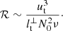 Mathematical equation: $$ \begin{aligned} \mathcal{R} \sim \frac{u_\mathrm{ t}^3}{l_\mathrm{ t}^\perp N_0^2 \nu }\cdot \end{aligned} $$