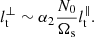 Mathematical equation: $$ \begin{aligned} l_\mathrm{ t}^\perp \sim \alpha _2 \frac{N_0}{\Omega _\mathrm{ s}} l_\mathrm{ t}^\parallel . \end{aligned} $$