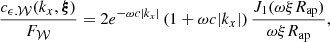 Mathematical equation: $$ \begin{aligned} \frac{c_{\epsilon .\mathcal{W} }(k_x, \boldsymbol{\xi })}{F_{\mathcal{W} }} = 2 e^{- \omega c |k_x|} \left( 1 + \omega c |k_x| \right) \frac{J_1(\omega \xi R_{\rm ap})}{\omega \xi R_{\rm ap}} , \end{aligned} $$