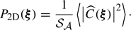 Mathematical equation: $$ \begin{aligned} P_{\rm 2D}(\boldsymbol{\xi }) = \frac{1}{\mathcal{S} _{\mathcal{A} }} \left\langle \left| \widehat{C}(\boldsymbol{\xi }) \right|^2 \right\rangle \cdot \end{aligned} $$
