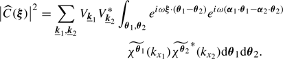 Mathematical equation: $$ \begin{aligned} \left| \widehat{C}(\boldsymbol{\xi }) \right|^2&= \sum _{\boldsymbol{\underline{k}}_1, \boldsymbol{\underline{k}}_2} V_{\boldsymbol{\underline{k}}_1} V^*_{\boldsymbol{\underline{k}}_2} \int _{\boldsymbol{\theta }_1, \boldsymbol{\theta }_2} e^{i \omega \boldsymbol{\xi } \cdot \left( \boldsymbol{\theta }_1 - \boldsymbol{\theta }_2 \right)} e^{i \omega \left( \boldsymbol{\alpha }_1 \cdot \boldsymbol{\theta }_1 - \boldsymbol{\alpha }_2 \cdot \boldsymbol{\theta }_2 \right)}\\&\qquad \qquad \qquad \qquad \quad \widetilde{\chi ^{\boldsymbol{\theta }_1}}(k_{x_1}) \widetilde{\chi ^{\boldsymbol{\theta }_2}}^*(k_{x_2}) \mathrm{d} \boldsymbol{\theta }_1 \mathrm{d} \boldsymbol{\theta }_2. \end{aligned} $$