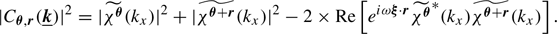 Mathematical equation: $$ \begin{aligned} |C_{\boldsymbol{\theta }, \boldsymbol{r}}(\boldsymbol{\underline{k}})|^2 = |\widetilde{\chi ^{\boldsymbol{\theta }}}(k_x)|^2 + |\widetilde{\chi ^{\boldsymbol{\theta } + \boldsymbol{r}}}(k_x)|^2 - 2 \times \mathrm{Re} \left[ e^{i\omega \boldsymbol{\xi } \cdot \boldsymbol{r}} \widetilde{\chi ^{\boldsymbol{\theta }}}^{*}(k_x) \widetilde{\chi ^{\boldsymbol{\theta }+ \boldsymbol{r}}}(k_x) \right] . \end{aligned} $$
