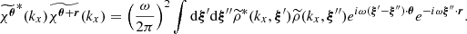 Mathematical equation: $$ \begin{aligned} \widetilde{\chi ^{\boldsymbol{\theta }}}^{*}(k_x) \widetilde{\chi ^{\boldsymbol{\theta }+ \boldsymbol{r}}}(k_x) = \left(\frac{\omega }{2\pi }\right)^2 \int \mathrm{d} \boldsymbol{\xi }^{\prime } \mathrm{d} \boldsymbol{\xi }^{\prime \prime } \widetilde{\rho }^*(k_x, \boldsymbol{\xi }^{\prime }) \widetilde{\rho }(k_x, \boldsymbol{\xi }^{\prime \prime }) e^{i\omega (\boldsymbol{\xi }^{\prime } - \boldsymbol{\xi }^{\prime \prime })\cdot \boldsymbol{\theta }} e^{-i \omega \boldsymbol{\xi }^{\prime \prime } \cdot \boldsymbol{r}}. \end{aligned} $$