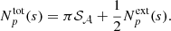 Mathematical equation: $$ \begin{aligned} N_p^\mathrm{tot}(s) = \pi \mathcal{S} _{\mathcal{A} } + \frac{1}{2} N_p^\mathrm{ext}(s). \end{aligned} $$