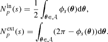 Mathematical equation: $$ \begin{aligned}&N_p^\mathrm{in}(s) = \frac{1}{2} \int _{\boldsymbol{\theta } \in \mathcal{A} } \phi _{s}(\boldsymbol{\theta }) \mathrm{d} \boldsymbol{\theta },\\&N_p^\mathrm{ext}(s) = \int _{\boldsymbol{\theta } \in \mathcal{A} } (2 \pi - \phi _{s}(\boldsymbol{\theta })) \mathrm{d} \boldsymbol{\theta }. \end{aligned} $$