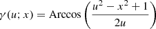 Mathematical equation: $ \gamma(u;x) = \mathrm{Arccos}\left( \frac{u^2-x^2+1}{2 u} \right) $
