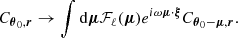 Mathematical equation: $$ \begin{aligned} C_{\boldsymbol{\theta }_0, \boldsymbol{r}} \rightarrow \int \mathrm{d} \boldsymbol{\mu } \mathcal{F} _{\ell }(\boldsymbol{\mu }) e^{i \omega \boldsymbol{\mu } \cdot \boldsymbol{\xi }} C_{\boldsymbol{\theta }_0 - \boldsymbol{\mu }, \boldsymbol{r}}. \end{aligned} $$