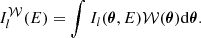 Mathematical equation: $$ \begin{aligned} I_{l}^{\mathcal{W} }(E) = \int I_{l}({\boldsymbol{\theta }}, E) \mathcal{W} ({\boldsymbol{\theta }}) \mathrm{d} {\boldsymbol{\theta }}. \end{aligned} $$