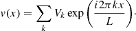 Mathematical equation: $$ \begin{aligned} v(x) = \sum _{k} V_k \exp {\left( \frac{i 2 \pi k x}{L} \right)}\cdot \end{aligned} $$