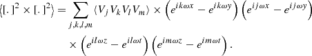 Mathematical equation: $$ \begin{aligned} \left\langle [.]^2 \times [.]^2 \right\rangle =&\sum _{j,k,l,m} \langle V_j V_ k V_l V_m \rangle \times \left( e^{i k \omega x} - e^{i k \omega y}\right) \left( e^{i j \omega x} - e^{i j \omega y} \right)\nonumber \\&\times \left( e^{i l \omega z} - e^{i l \omega t} \right) \left( e^{i m \omega z} - e^{i m \omega t} \right) . \end{aligned} $$