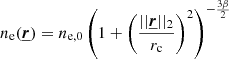 Mathematical equation: $$ \begin{aligned} n_{\rm e}(\underline{{\boldsymbol{r}}})=n_{\rm e,0} \left(1+\left(\frac{||\underline{{\boldsymbol{r}}}||_2}{r_{\rm c}} \right)^{2} \right)^{-\frac{3 \beta }{2}} \end{aligned} $$