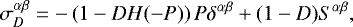 Mathematical equation: \begin{equation*} \sigma_{ D}^{\alpha\beta} = - \left(1-DH(-P)\right)P\delta^{\alpha\beta} + (1- D)S^{\alpha\beta}, \end{equation*}