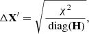 Mathematical equation: $$ \begin{aligned} \Delta \mathbf X ^{\prime }=\sqrt{\frac{\chi ^2}{\text{ diag}(\mathbf H )}}, \end{aligned} $$