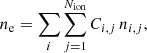 Mathematical equation: $$ \begin{aligned} n_{\rm e}=\sum _{i}\sum _{j=1}^{N_{\rm ion}}C_{i,j}\,n_{i,j}, \end{aligned} $$