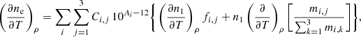 Mathematical equation: $$ \begin{aligned} \left(\frac{\partial n_{\rm e}}{\partial T}\right)_{\rho }&= \sum _{i}\sum _{j=1}^{3}C_{i,j}\,10^{A_{i}-12}\Bigg \{ \left(\frac{\partial n_{1}}{\partial T}\right)_{\rho }f_{i,j}+n_{1}\left(\frac{\partial }{\partial T}\right)_{\rho }\Bigg [ \frac{m_{i,j}}{\sum _{k=1}^{3}m_{i,k}}\Bigg ] \Bigg \}, \end{aligned} $$