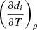 Mathematical equation: $ \left(\frac{\partial d_{i}}{\partial T}\right)_{\rho} $