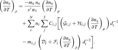 Mathematical equation: $$ \begin{aligned} \left(\frac{\partial n_{\rm e}}{\partial T}\right)_{\rho }&= \frac{-m_{\rm e}\,n_{\rm e}}{s^{\prime }\,n_{1}} \left(\frac{\partial n_{\rm e}}{\partial T}\right)_{\rho }\nonumber \\&\quad +\sum _{i}^{N}n_{i}\sum _{j}^{3}C_{i,j}\Bigg [ \Bigg (\mathcal{G} _{i,j}+\mathcal{H} _{i,j} \left(\frac{\partial n_{\rm e}}{\partial T}\right)_{\rho }\Bigg )\,d_{i}^{-1}\nonumber \\&\quad -m_{i,j}\,\left(\mathcal{D} _{i}+\mathcal{F} _{i}\left(\frac{\partial n_{\rm e}}{\partial T}\right)_{\rho }\right)\,d_{i}^{-2}\Bigg ]. \end{aligned} $$