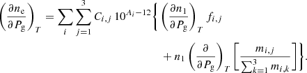 Mathematical equation: $$ \begin{aligned} \left(\frac{\partial n_{\rm e}}{\partial P_{\rm g}}\right)_{T}= \sum _{i}\sum _{j=1}^{3}C_{i,j}\,10^{A_{i}-12}&\Bigg \{ \left(\frac{\partial n_{1}}{\partial P_{\rm g}}\right)_{T}f_{i,j}\nonumber \\&\quad +n_{1}\left(\frac{\partial }{\partial P_{\rm g}}\right)_{T}\Bigg [ \frac{m_{i,j}}{\sum _{k=1}^{3}m_{i,k}}\Bigg ] \Bigg \}. \end{aligned} $$