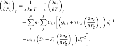 Mathematical equation: $$ \begin{aligned} \left(\frac{\partial n_{\rm e}}{\partial P_{\rm g}}\right)_{T}&= \frac{1}{s\,k_{\rm B}\,T}-\frac{1}{s} \left(\frac{\partial n_{\rm e}}{\partial T}\right)_{\rho }\nonumber \\&\quad +\sum _{i}^{N}n_{i}\sum _{j}^{3}C_{i,j}\Bigg [ \Bigg (\mathcal{G} _{i,j}+\mathcal{H} _{i,j} \left(\frac{\partial n_{\rm e}}{\partial P_{\rm g}}\right)_{T}\Bigg )\,d_{i}^{-1}\nonumber \\&\quad -m_{i,j}\,\Big (\mathcal{D} _{i}+ \mathcal{F} _{i}\left(\frac{\partial n_{\rm e}}{\partial P_{\rm g}}\right)_{T}\Big ) \,d_{i}^{-2}\Bigg ]. \end{aligned} $$