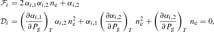 Mathematical equation: $$ \begin{aligned} \mathcal{F} _{i}&=2\,\alpha _{i,1}\alpha _{i,2}\,n_{\rm e}+\alpha _{i,2}\nonumber \\ \mathcal{D} _{i}&=\left(\frac{\partial \alpha _{i,1}}{\partial P_{\rm g}}\right)_{T}\alpha _{i,2}\,n_{\rm e}^2 +\alpha _{i,1}\left(\frac{\partial \alpha _{i,2}}{\partial P_{\rm g}}\right)_{T}\,n_{\rm e}^2 +\left(\frac{\partial \alpha _{i,2}}{\partial P_{\rm g}}\right)_{T}\,n_{\rm e}=0, \end{aligned} $$