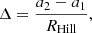 Mathematical equation: $$ \begin{aligned}&\Delta = \frac{a_2 - a_1}{R_{\rm Hill}}, \end{aligned} $$