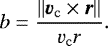 Mathematical equation: \begin{equation*} b = \frac{\lVert \vec{v}_{\mathrm{c}} \times \vec{r} \rVert}{v_{\mathrm{c}} r}. \end{equation*}