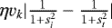 Mathematical equation: $\eta v_k | \frac{1}{1+s_i^2}-\frac{1}{1+s_t^2}|$