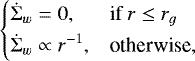 Mathematical equation: \begin{equation*} \hspace*{-2pt}\begin{cases} \displaystyle\dot\Sigma_w =0, &\text{if } r\leq r_g\\[2pt] \displaystyle\dot\Sigma_w \propto r^{-1}, & \text{otherwise}, \end{cases} \end{equation*}