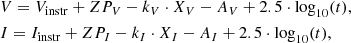 Mathematical equation: $$ \begin{aligned}&V = V_{\rm instr} + ZP_V - k_V\cdot X_V - A_V + 2.5\cdot \log _{10}(t),\\&I = I_{\rm instr} + ZP_I - k_I\cdot X_I - A_I + 2.5\cdot \log _{10}(t), \end{aligned} $$