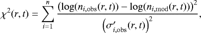 Mathematical equation: \begin{equation*} \chi^{2}(r,t)=\sum_{i=1}^{n} \frac{\left(\log(n_{i, \rm{obs}}(r,t))-\log(n_{i, \rm{mod}}(r,t))\right)^{2}}{\left(\sigma'_{i, \rm{obs}}(r,t)\right)^{2}},\end{equation*}