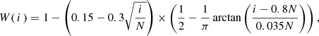 Mathematical equation: $$ \begin{aligned} W(\,i\,) = 1 - \left(0.15 - 0.3\sqrt{\frac{i}{N}} \right)\times \left(\frac{1}{2} - \frac{1}{\pi }\arctan \left(\dfrac{i - 0.8N}{0.035N}\right)\right), \end{aligned} $$