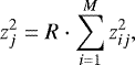 Mathematical equation: \begin{equation*} z_{j}^{2} = R \cdot \sum_{i=1}^{M} z_{ij}^{2},\end{equation*}