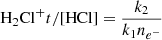 Mathematical equation: $$ \begin{aligned} [\mathrm{H}_2\mathrm{Cl}^+]/ [\mathrm{{HCl}}] = \frac{k_2}{k_1 n_{e^-}} \end{aligned} $$