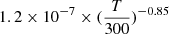 Mathematical equation: $ 1.2 \times 10^{-7} \times (\frac{T}{300})^{-0.85} $