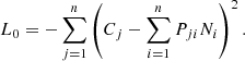 Mathematical equation: $$ \begin{aligned} L_0 = - \sum _{j=1}^{n} \left(C_j - \sum _{i=1}^{n} P_{ji} N_i\right)^2 . \end{aligned} $$
