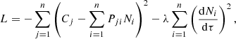 Mathematical equation: $$ \begin{aligned} L = - \sum _{j=1}^{n} \left(C_j - \sum _{i=1}^{n} P_{ji} N_i\right)^2 - \lambda \sum _{i=1}^{n} \left( \frac{\mathrm{d} N_i}{\mathrm{d} \tau } \right)^2, \end{aligned} $$