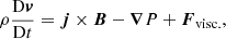Mathematical equation: $$ \begin{aligned} \rho \frac{{\mathrm{D} {\boldsymbol{v}}}}{{\mathrm{D} t}}&= {\boldsymbol{j}} \times {\boldsymbol{B}} - {\boldsymbol{\nabla }} P + {\boldsymbol{F}}_{\mathrm{visc.} }, \end{aligned} $$