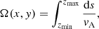 Mathematical equation: $$ \begin{aligned} \Omega (x,y) = \int _{z_{\mathrm{min} }}^{z_{\mathrm{max} }} \frac{\mathrm{d} s}{v_{\rm A}}, \end{aligned} $$