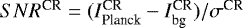 Mathematical equation: $SNR^{\textrm{CR}}=(I_{\textrm{Planck}}^{\textrm{CR}}-I_{\textrm{bg}}^{\textrm{CR}})/\sigma^{\textrm{CR}}$