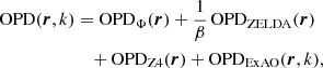 Mathematical equation: $$ \begin{aligned} \mathrm{OPD}({\boldsymbol{r}}, k)&= \mathrm{OPD}_{\Phi }({\boldsymbol{r}}) + \frac{1}{\beta }\,\mathrm{OPD}_{\mathrm{ZELDA} }({\boldsymbol{r}}) \nonumber \\&\quad + \mathrm{OPD}_{\mathrm{Z4} }({\boldsymbol{r}}) + \mathrm{OPD}_{\mathrm{ExAO} }({\boldsymbol{r}}, k), \end{aligned} $$