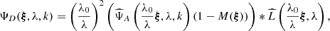 Mathematical equation: $$ \begin{aligned}&\Psi _D({\boldsymbol{\xi }}, \lambda , k)= \left(\frac{\lambda _0}{\lambda }\right)^2 \left(\widehat{\Psi }_A\left(\frac{\lambda _0}{\lambda }{\boldsymbol{\xi }}, \lambda , k\right) (1- M({\boldsymbol{\xi }})) \right)*\widehat{L}\left(\frac{\lambda _0}{\lambda }{\boldsymbol{\xi }}, \lambda \right), \end{aligned} $$