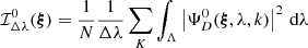 Mathematical equation: $$ \begin{aligned}&\mathcal{I} ^{0}_{\Delta \lambda }({\boldsymbol{\xi }})=\frac{1}{N} \frac{1}{\Delta \lambda }\sum _{K} \int _{\Lambda } \left|\Psi ^{0}_D({\boldsymbol{\xi }}, \lambda , k)\right|^2\,\mathrm{d}\lambda \end{aligned} $$
