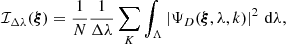 Mathematical equation: $$ \begin{aligned}&\mathcal{I} _{\Delta \lambda }({\boldsymbol{\xi }})=\frac{1}{N} \frac{1}{\Delta \lambda }\sum _{K} \int _{\Lambda } \left|\Psi _D({\boldsymbol{\xi }}, \lambda , k)\right|^2\,\mathrm{d}\lambda , \end{aligned} $$